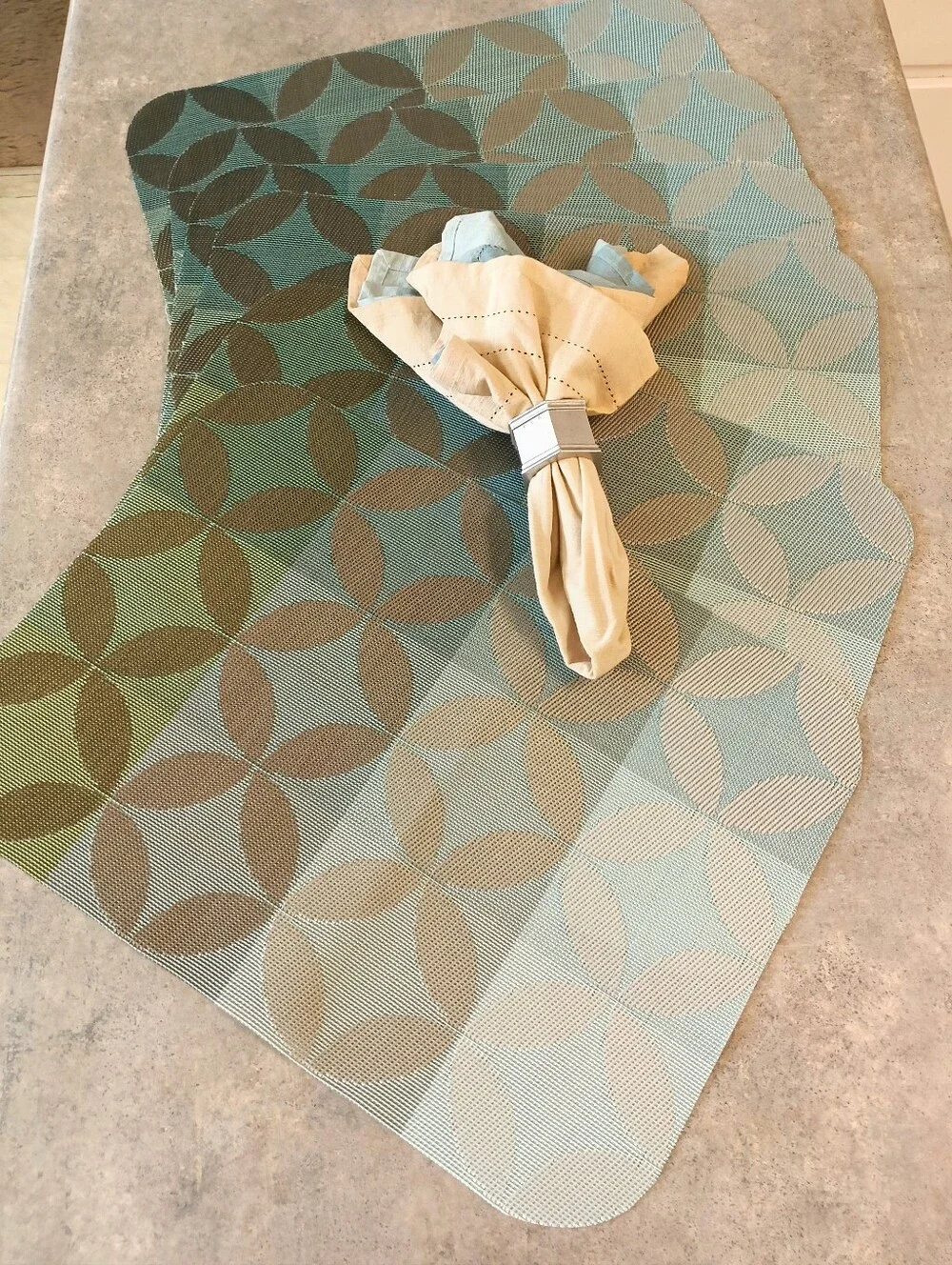 NWT Pier 1 Imports 6 Teal Blue, Aqua & Taupe Placemats & 8 Teal & Taupe Napkins